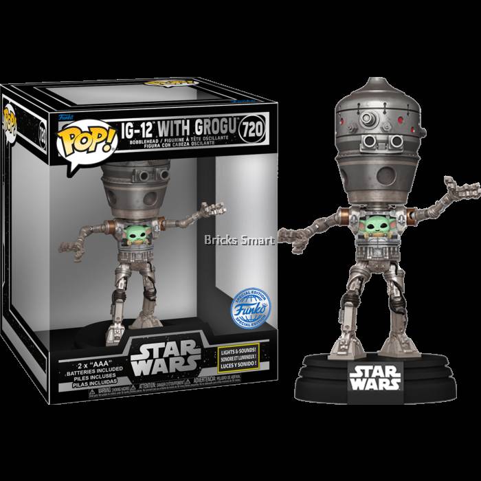 Funko Pop ! Star Wars : The Mandalorian Lights And Sounds Deluxe IG-12 Avec Grogu, 17,1 Cm